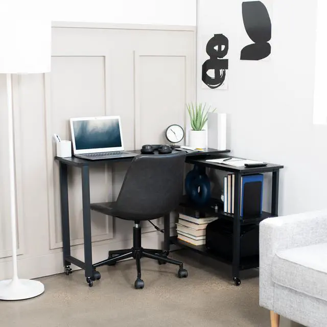 Alt view image 7 of 7 - VIVO Black Swivel Out Sofa Table, Mobile Laptop Desk Cart with 3-Tier Shelving
