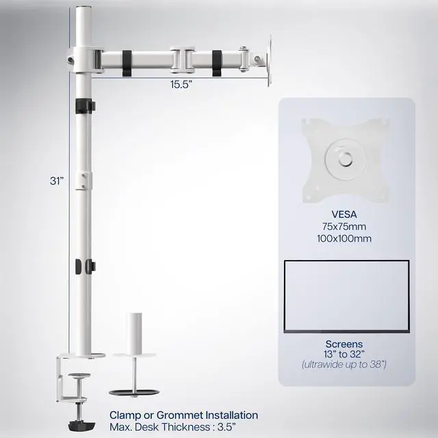 Alt view image 3 of 8 - VIVO White Single Monitor Desk Mount Extra Tall Fully Adjustable Stand for up to 32" Screen (STAND-V001TW)