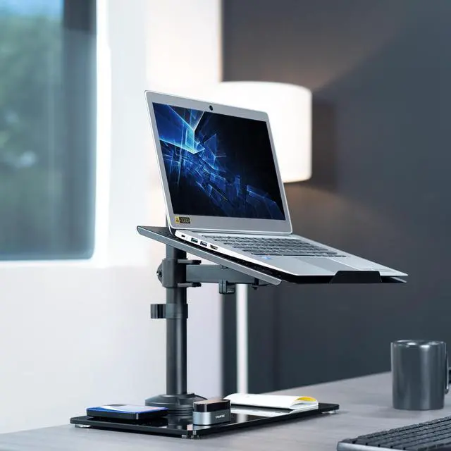 Alt view image 2 of 8 - VIVO Freestanding Adjustable Laptop Desk Stand with Tempered Glass Base, Fits Laptops up to 17", Black, STAND-V001FGL