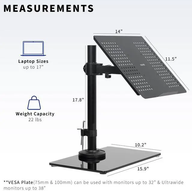 Alt view image 3 of 8 - VIVO Freestanding Adjustable Laptop Desk Stand with Tempered Glass Base, Fits Laptops up to 17", Black, STAND-V001FGL