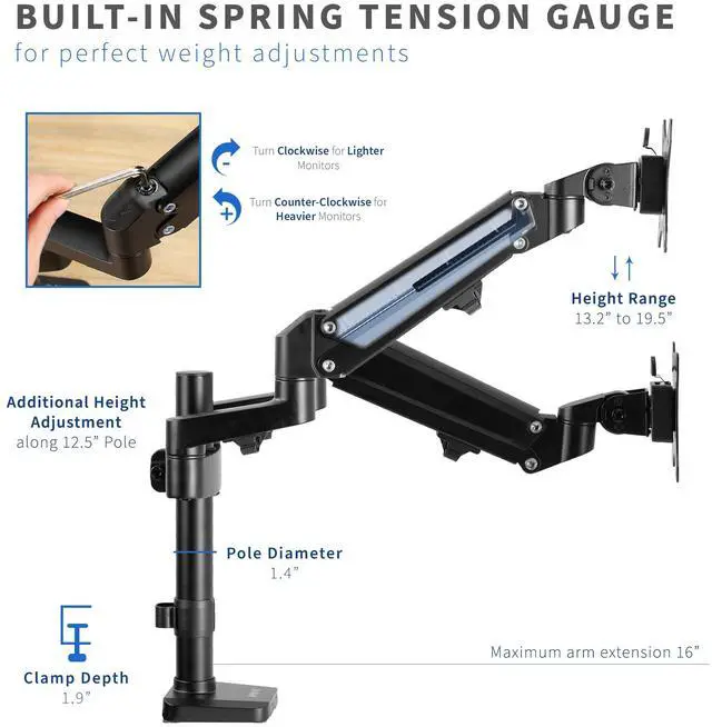 Alt view image 5 of 8 - VIVO Black Heavy Duty Dual 17" to 32" Monitor Pneumatic Spring Arms, Sit-Stand Desk Mount (STAND-V200G)
