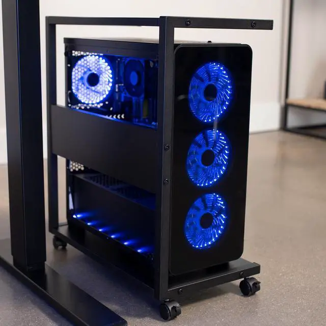 Alt view image 2 of 7 - VIVO Black Mobile PC Cart with Storage, 2-Tier Shelf CPU Holder, Computer Tower Floor Stand with Wheels, CART-PC03
