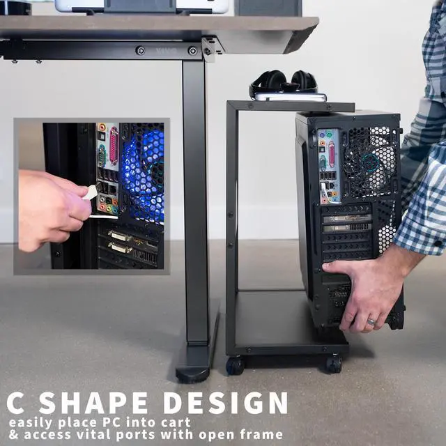 Alt view image 4 of 7 - VIVO Black Mobile PC Cart with Storage, 2-Tier Shelf CPU Holder, Computer Tower Floor Stand with Wheels, CART-PC03