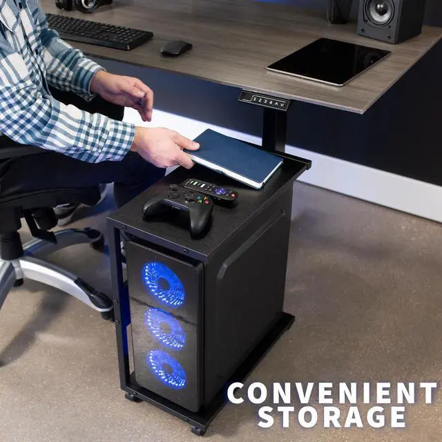 Alt view image 5 of 7 - VIVO Black Mobile PC Cart with Storage, 2-Tier Shelf CPU Holder, Computer Tower Floor Stand with Wheels, CART-PC03