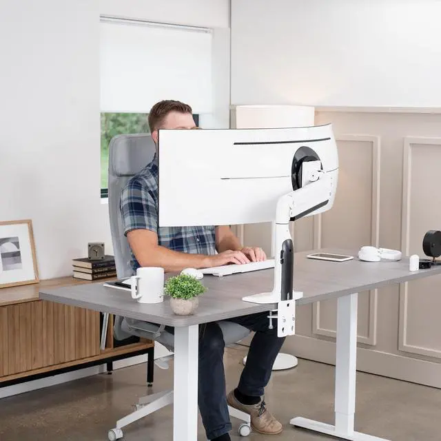 Alt view image 2 of 7 - Single White Ultra Wide Monitor Pneumatic Spring Desk Mount, Max VESA 200x100