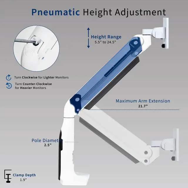 Alt view image 5 of 7 - Single White Ultra Wide Monitor Pneumatic Spring Desk Mount, Max VESA 200x100