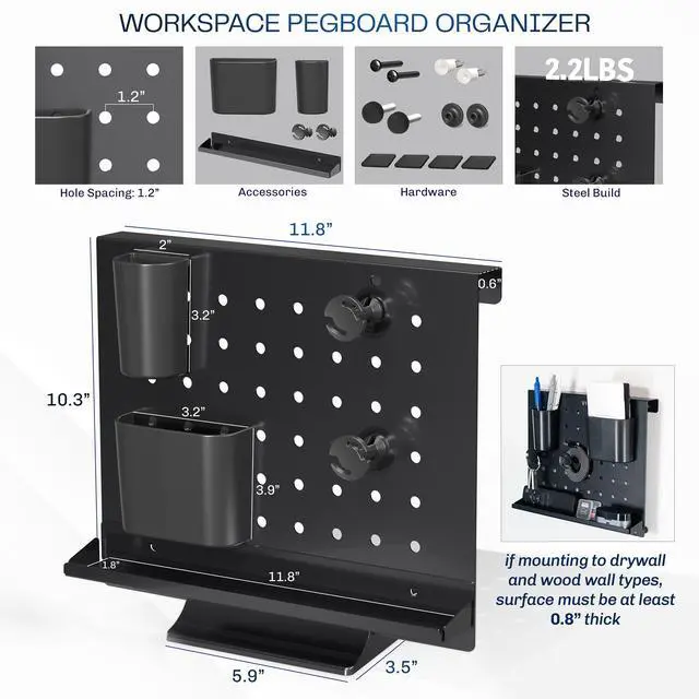 Alt view image 3 of 7 - VIVO Steel Freestanding Desktop Pegboard, 12 x 10 inch Peg Board w/ Accessories, Optional Wall Mounting, Black, PP-DK04F