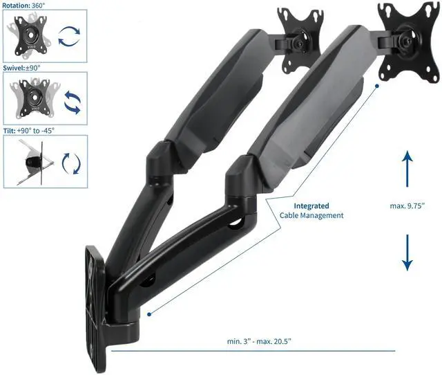Alt view image 3 of 7 - VIVO Black Pneumatic Spring Extended Arm, Full Motion Articulating Dual 17" to 32" Computer Monitor Wall Mount (MOUNT-V002G)