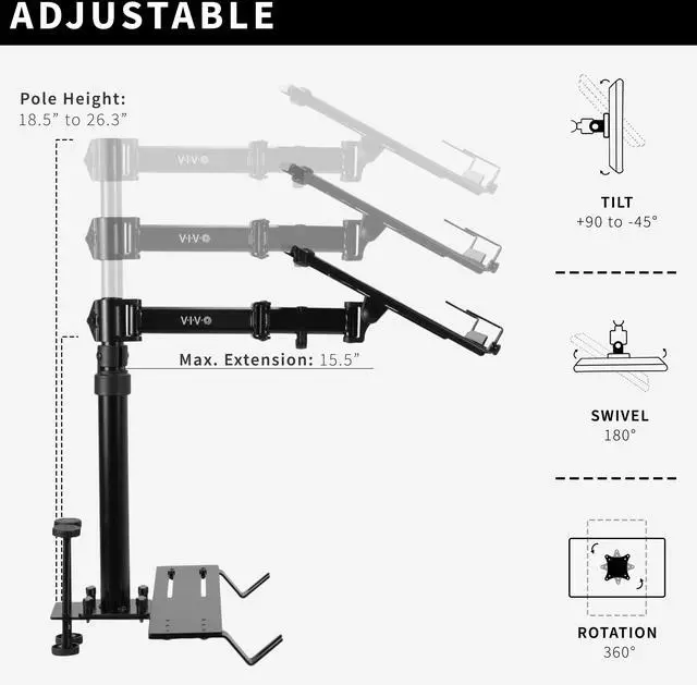 Alt view image 5 of 14 - VIVO Single Laptop Notebook Car Mount, Swivel Arm Adjustable Extension Clamp, Black, MOUNT-CAR01