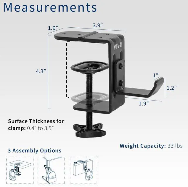 Alt view image 4 of 8 - VIVO Steel Clamp-on Desktop Hook, Leg Clamp Mounting Option, Under Desk Accessory Holder, Black, MOUNT-HLC1