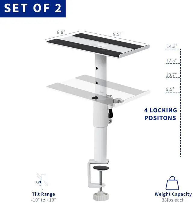 Alt view image 3 of 8 - VIVO Universal White Steel Clamp-on Desk / Table Speaker Stands, 2 Pack