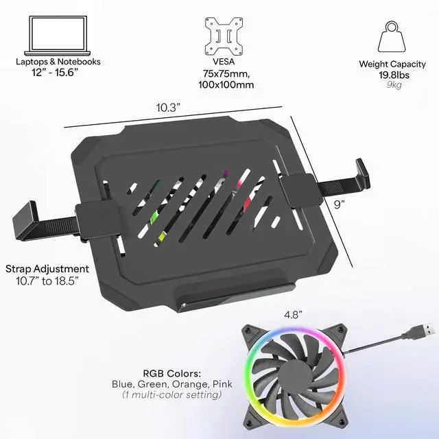 Alt view image 4 of 7 - VIVO Universal Adjustable 12" - 15.6" Laptop Computer Notebook Tray with RGB Fan