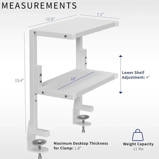 Alt view image 3 of 7 - VIVO White Clamp-on 13" Above or Below Desk 2-Tier Shelving Unit, Desk Organization for Accessories (STAND-SHELF2CW)