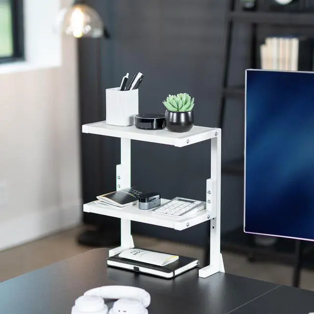 Alt view image 2 of 7 - VIVO White Clamp-on 13" Above or Below Desk 2-Tier Shelving Unit, Desk Organization for Accessories (STAND-SHELF2CW)