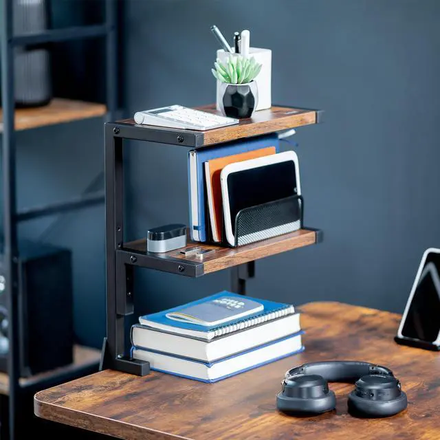 Alt view image 2 of 7 - VIVO Vintage Brown Clamp-on 13" Above or Below Desk 2-Tier Shelving Unit