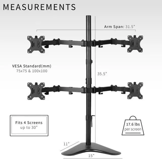 Alt view image 6 of 7 - VIVO Quad LCD Monitor Desk Stand/Mount Free Standing Adjustable 4 Screens up to 27" (STAND-V004F)
