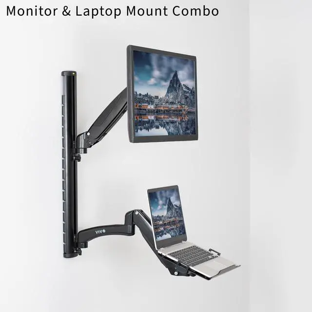Alt view image 2 of 7 - VIVO Wall Mounted Sit-Stand Height Adjustable Computer Monitor + Laptop Workstation, Fits up to 27" Screens, STAND-SIT1L