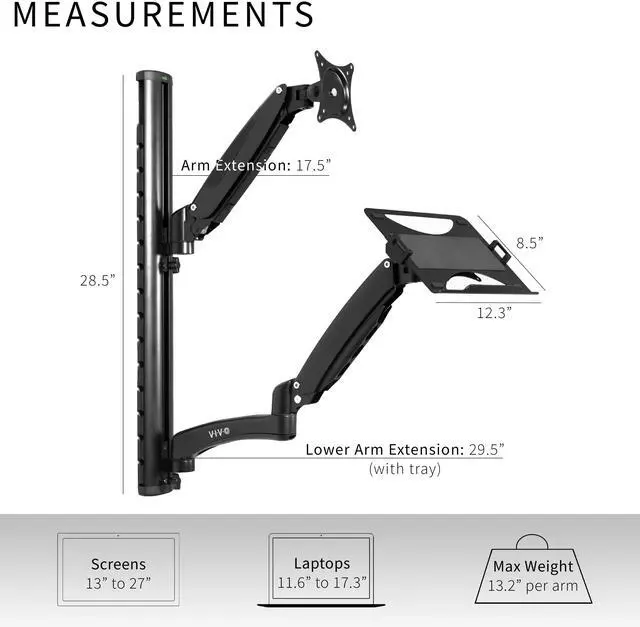 Alt view image 3 of 7 - VIVO Wall Mounted Sit-Stand Height Adjustable Computer Monitor + Laptop Workstation, Fits up to 27" Screens, STAND-SIT1L