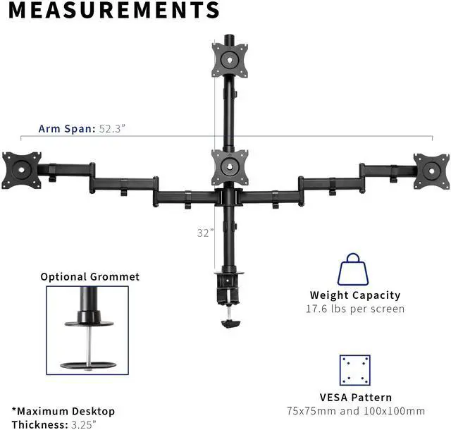 Alt view image 4 of 7 - VIVO Quad Monitor Heavy Duty Desk Mount 3 + 1, Holds Computer Screens up to 24"