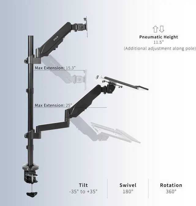 Alt view image 4 of 7 - VIVO Sit-Stand Height Adjustable Pneumatic Spring Arm Keyboard Tray Desk Mount for 1 Screen up to 32" (STAND-SIT1B)