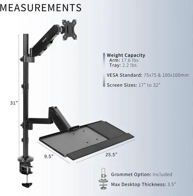 Alt view image 3 of 7 - VIVO Sit-Stand Height Adjustable Pneumatic Spring Arm Keyboard Tray Desk Mount for 1 Screen up to 32" (STAND-SIT1B)