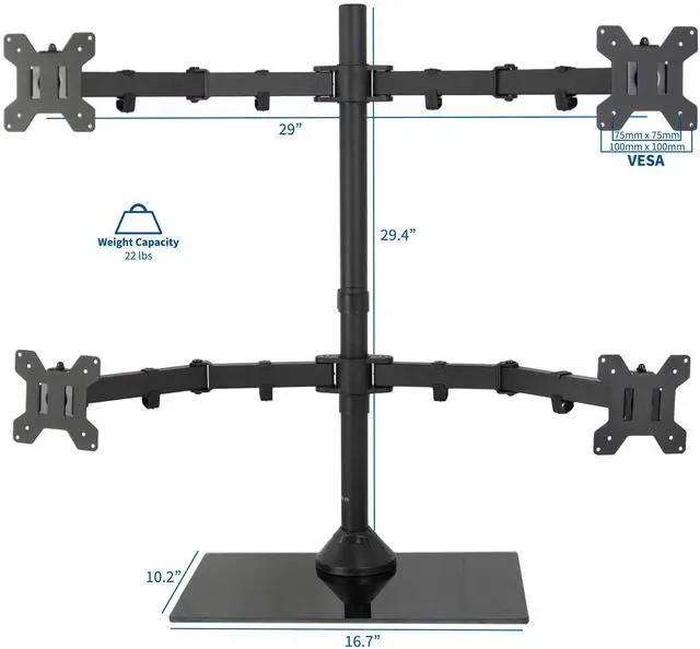 Alt view image 2 of 6 - VIVO Black Adjustable Quad Monitor Desk Stand Mount FreeStanding Glass Base | Four (4) Screens up to 27" (STAND-V004FG)