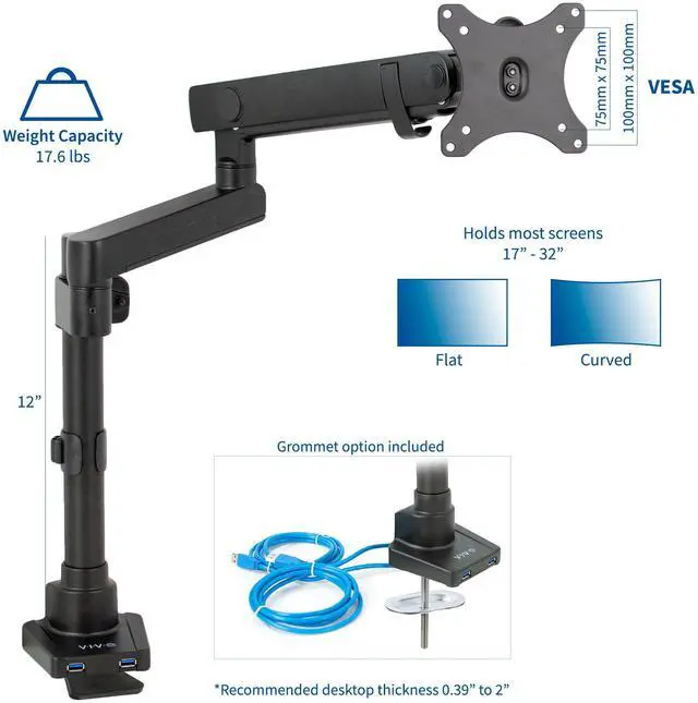 Alt view image 2 of 7 - VIVO Premium Aluminum Single Monitor Arm Desk Mount Stand with USB Ports