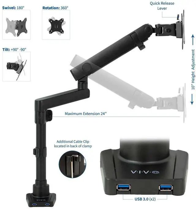 Alt view image 3 of 7 - VIVO Premium Aluminum Single Monitor Arm Desk Mount Stand with USB Ports