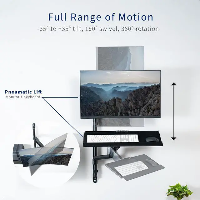 Alt view image 4 of 7 - VIVO Sit-Stand Height Adjustable Pneumatic Spring Arm Keyboard Tray Wall Mount for 1 Screen up to 32" (STAND-SIT1BW)