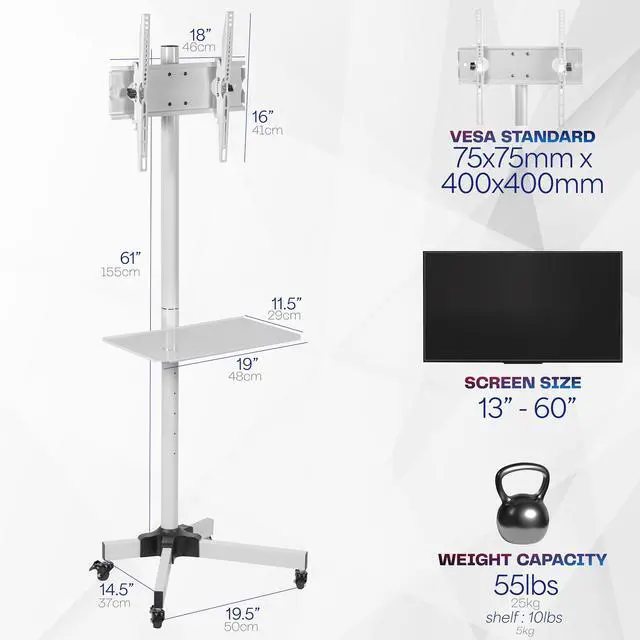Alt view image 6 of 7 - VIVO White Mobile TV Cart for 13" to 60" LCD LED Flat Panel | Stand with Wheels