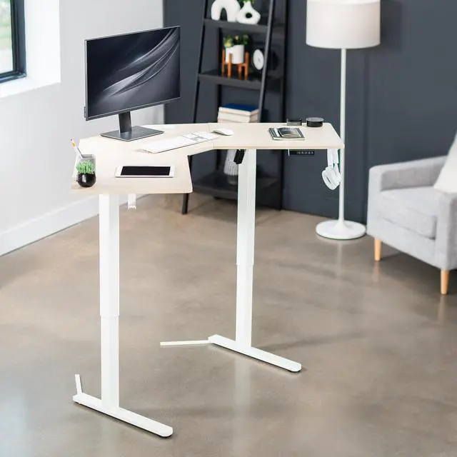 Alt view image 2 of 7 - VIVO Electric 47" x 47" Corner Standing Desk, Light Wood Table Top, White Frame