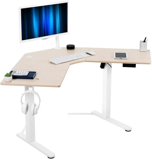 Main image of VIVO Electric 47" x 47" Corner Standing Desk, Light Wood Table Top, White Frame