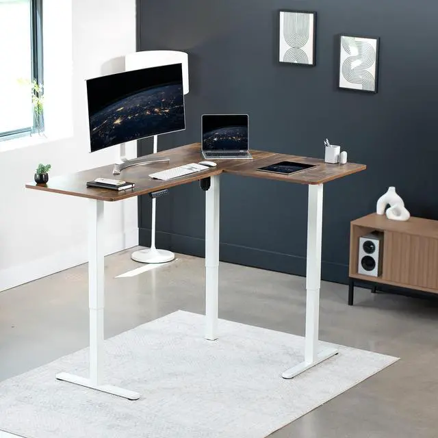 Alt view image 2 of 7 - VIVO Vintage Brown / White Electric 63" x 47" Corner Standing Desk