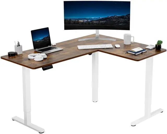 Main image of VIVO Vintage Brown / White Electric 63" x 47" Corner Standing Desk