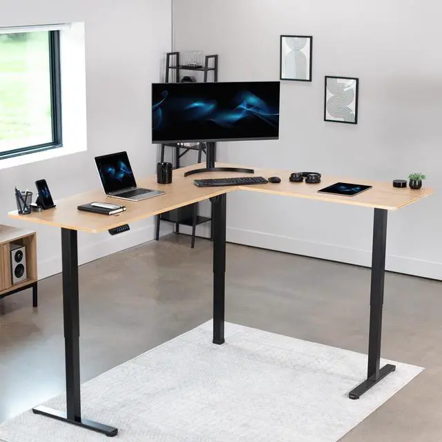 Alt view image 2 of 7 - VIVO Bamboo / Black Electric 75" x 63" Corner Desk Workstation