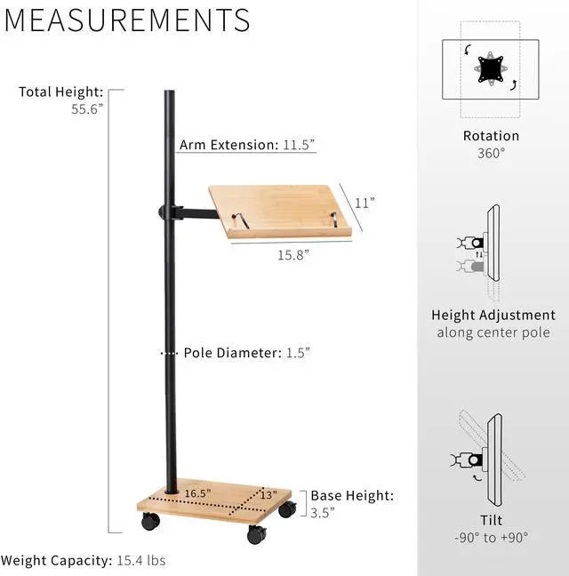 Alt view image 3 of 7 - VIVO 16 inch Mobile Bamboo Book Stand for Hands Free Reading, Rolling Lectern, Bamboo Surfaces, Black Pole, CART-BK01B