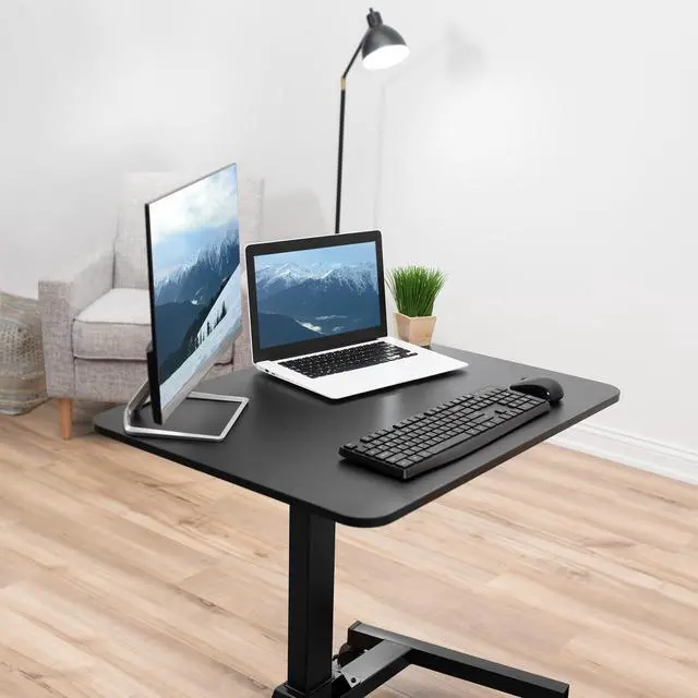 Alt view image 7 of 7 - VIVO Black Rolling Adjustable Trolley Presentation Cart | Tension Spring Sit-Stand Mobile Workstation Desk (CART-V07B)