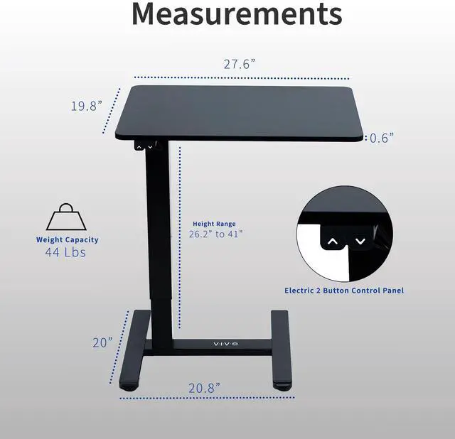 Alt view image 3 of 7 - VIVO Electric 28 x 20 inch Mobile Height Adjustable Overbed Table, Sofa Desk with Hidden Casters, Black, CART-E1TB