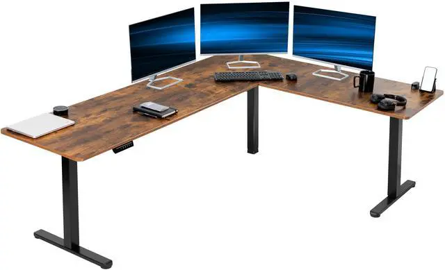 Main image of VIVO Vintage Brown / Black Electric 84" x 63" Corner Desk, L-Shaped Workstation