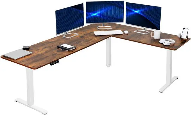 Main image of VIVO Vintage Brown / White Electric 84" x 63" Corner Desk, L-Shaped Workstation