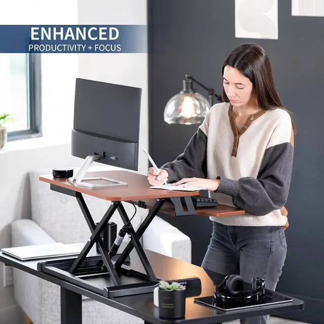 Alt view image 4 of 7 - VIVO Dark Walnut 26" Height Adjustable Standing Desk Monitor Riser, Sit Stand Workstation, Black Frame (DESK-V026KA)