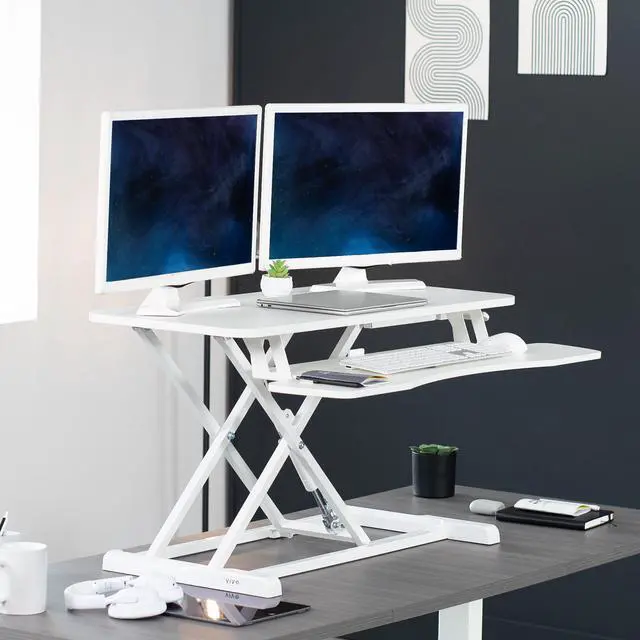Alt view image 2 of 7 - VIVO White Height Adjustable 36" Standing Desk Monitor Riser, Sit Stand Tabletop