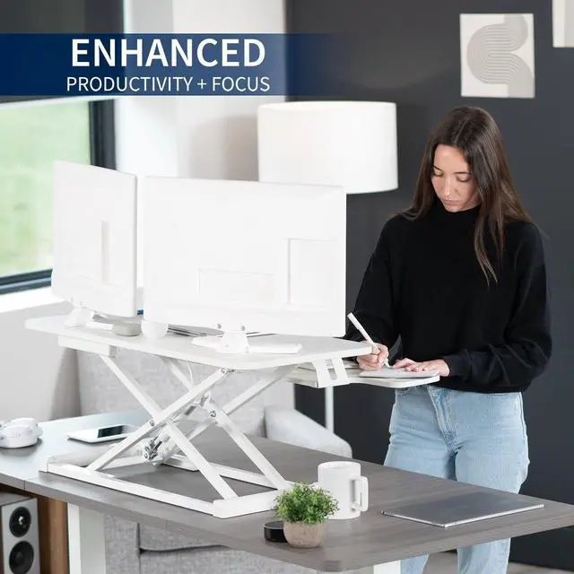 Alt view image 4 of 7 - VIVO White Height Adjustable 36" Standing Desk Monitor Riser, Sit Stand Tabletop