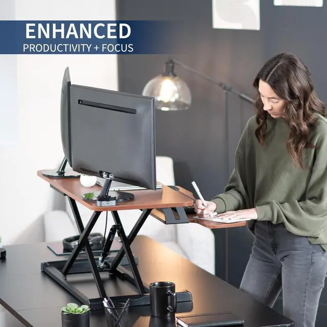 Alt view image 4 of 7 - VIVO Dark Walnut Height Adjustable 36" Standing Desk Monitor Riser, Black Frame