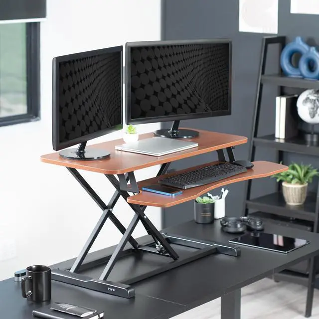 Alt view image 2 of 7 - VIVO Dark Walnut Height Adjustable 36" Standing Desk Monitor Riser, Black Frame