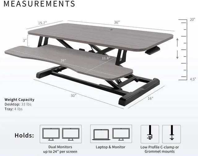 Alt view image 3 of 7 - VIVO Gray Height Adjustable 36" Standing Desk Monitor Riser, Black Frame