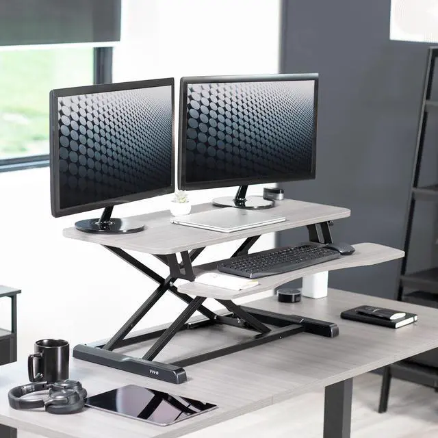 Alt view image 2 of 7 - VIVO Gray Height Adjustable 36" Standing Desk Monitor Riser, Black Frame