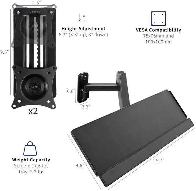 Alt view image 3 of 7 - VIVO Sit-Stand Dual Monitor and Keyboard Tray Combo Height Adjustable Wall Mount