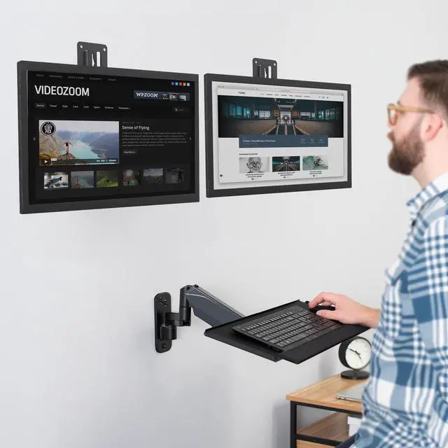 Alt view image 2 of 7 - VIVO Sit-Stand Dual Monitor and Keyboard Tray Combo Height Adjustable Wall Mount
