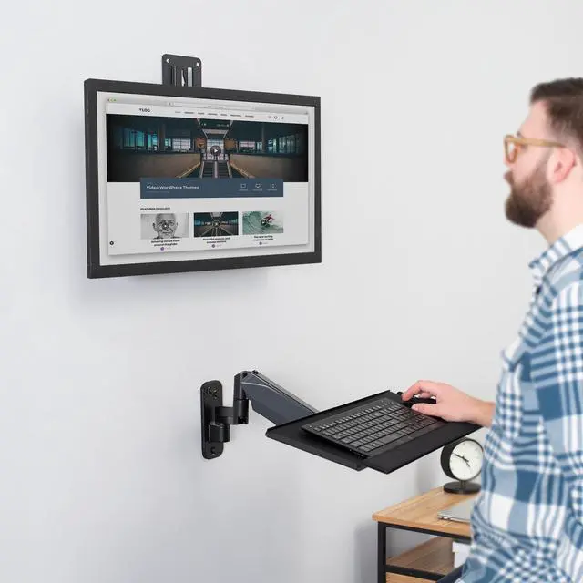 Alt view image 2 of 8 - VIVO Black Sit-Stand Single Monitor and Keyboard Tray Combo Wall Mount, Height Adjustable (MOUNT-VWKB1)